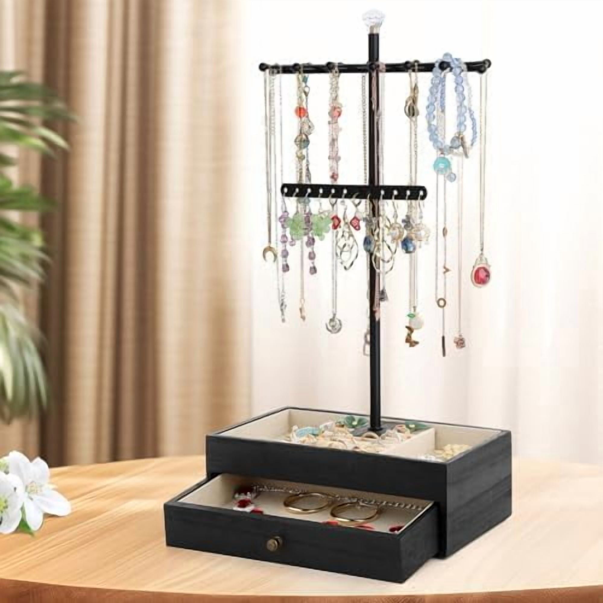 Jewelry Organizer Stand, 3-Tier Necklace Holder Jewelry Tree with Wooden Storage Drawer Box for Necklace Bracelet Earring Ring,Black