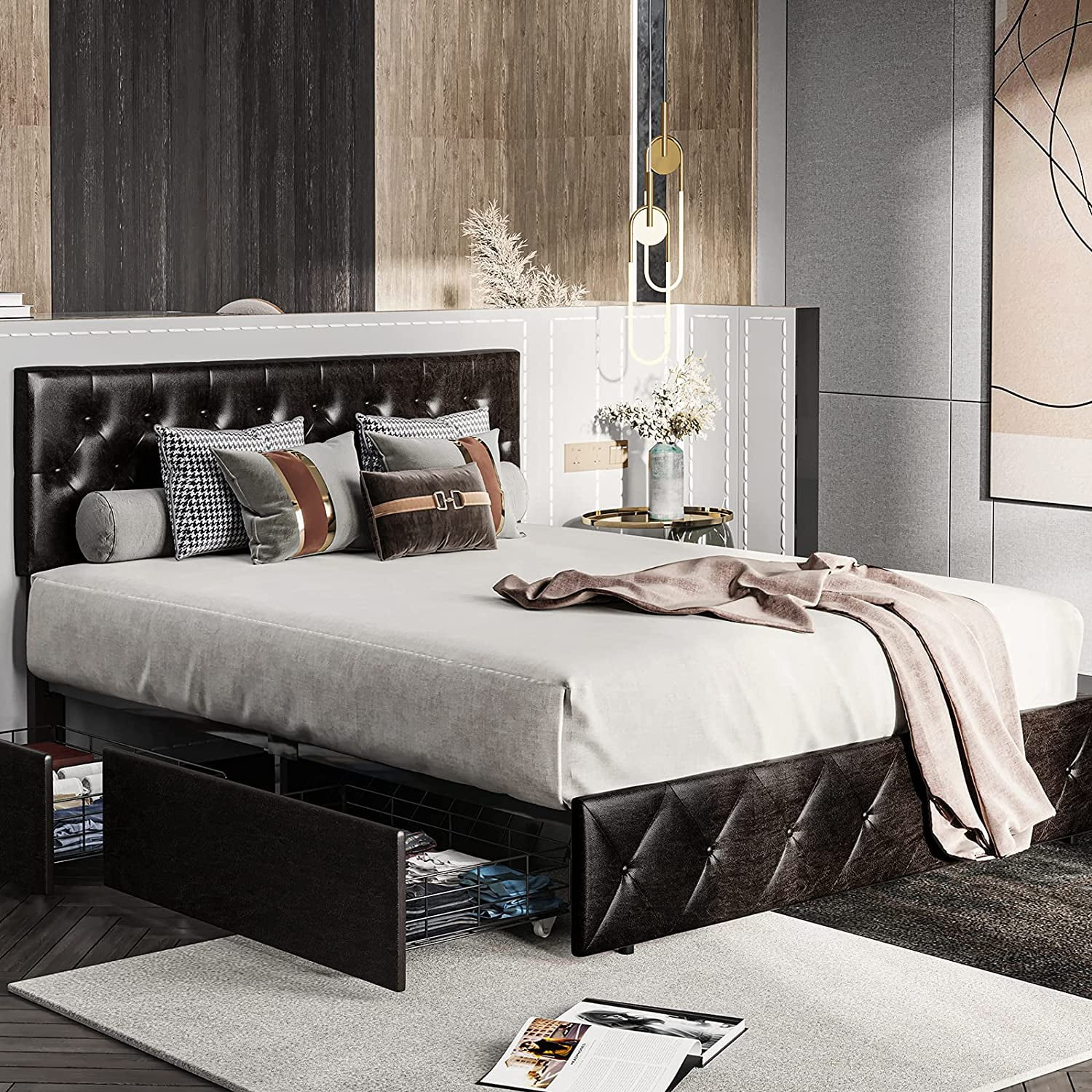 Buy Queen Size Faux Leather Upholstered Bed Frame Platform Storage Bed