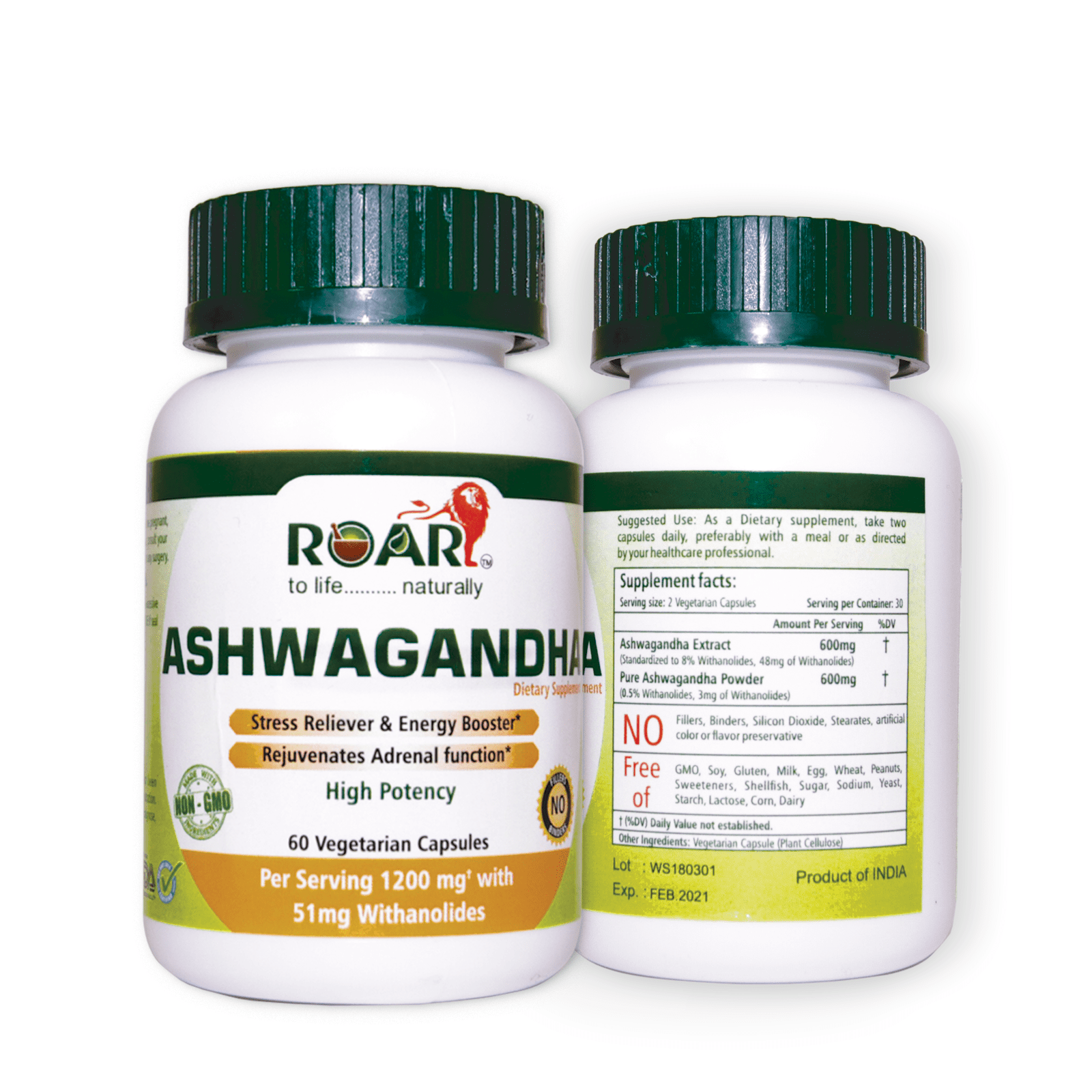 Roar High Potency Pure ASHWAGANDHA with 8% Withanoides for Anxiety & Stress Reliever with Immune & Thyroid Support | 600 mg PER Veggie Capsule