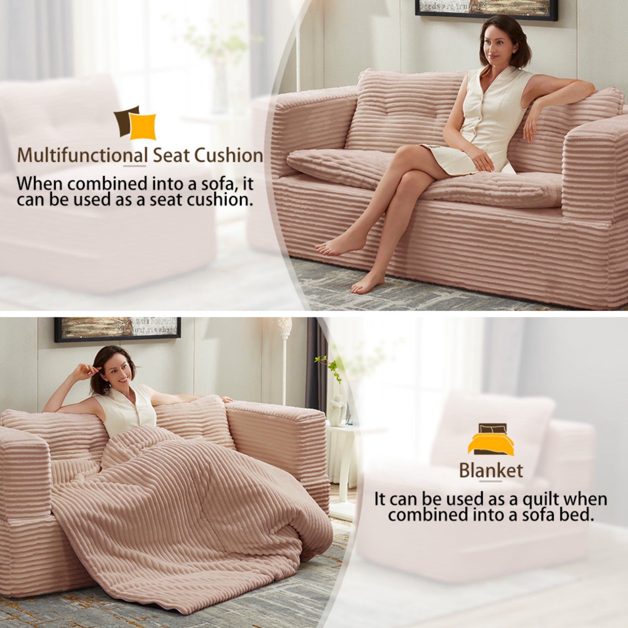 80" King Size Convertible Sleeper Sofa Bed with Independent Chaise Lounge,Multifunctional Plush Corduroy Sectional Sofa Couch for Living Room,Bedroom,Pink