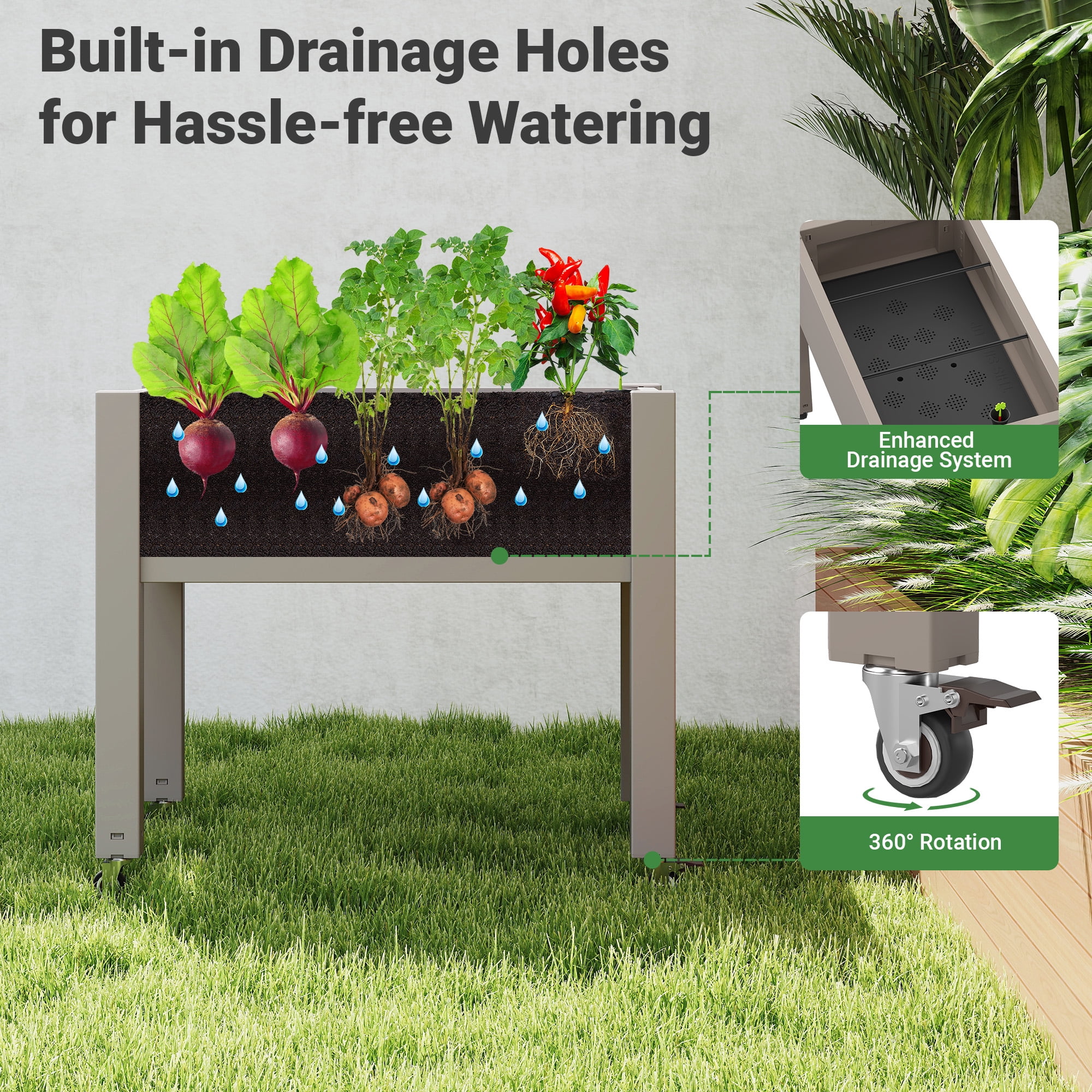 Nihsuao 30in Large Raised Garden Bed with Wheels, Outdoor Elevated Planter with Weatherproof Resin, Effective Drainage for Backyard, Patio and Balcony, Gray