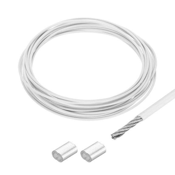 16Ft Wire Rope 304 Stainless Steel Cable 1/12" Vinyl Coated with 2pcs Aluminum Sleeves White