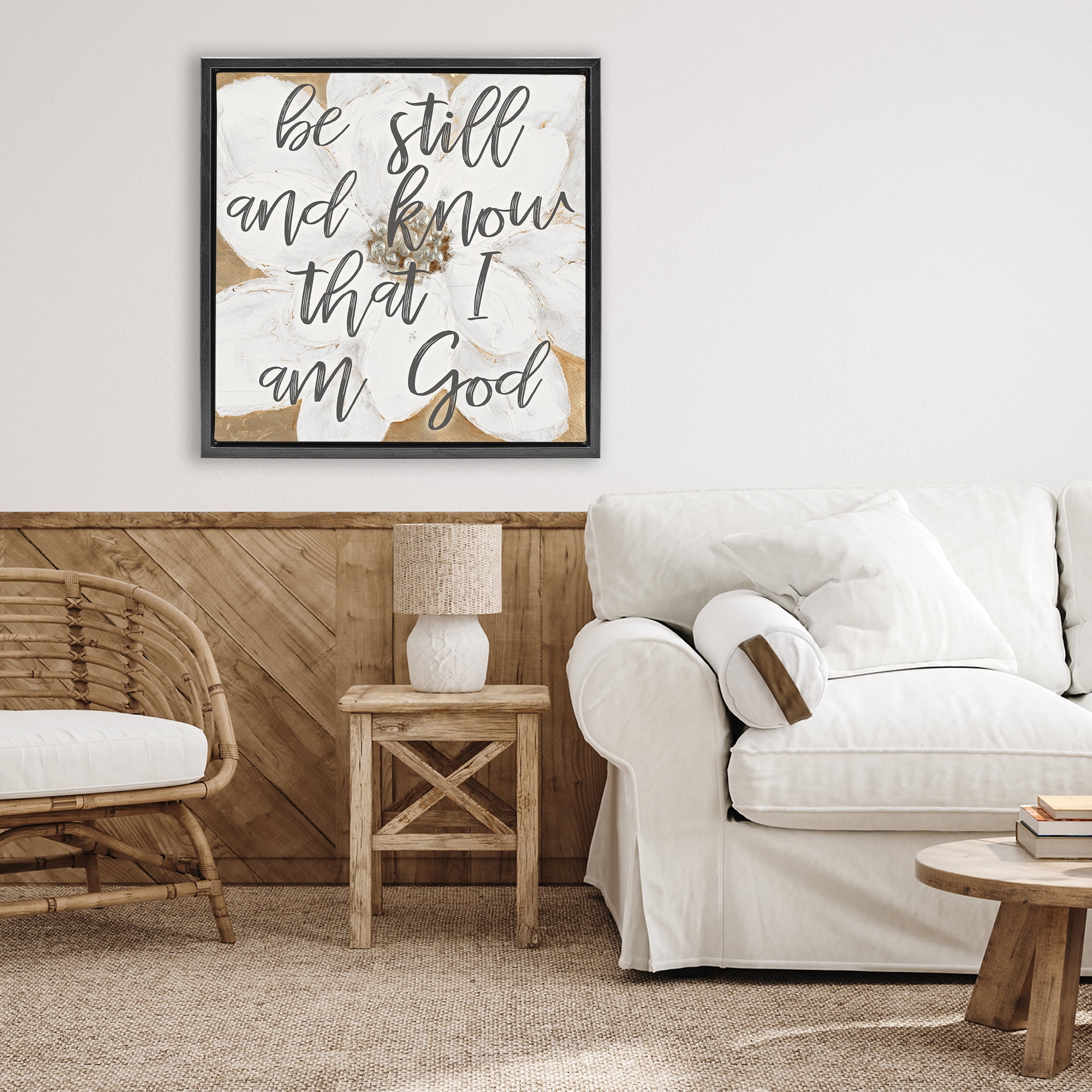 Stupell Industries Be Still Script with Flower Black Framed Floater Canvas Wall Art, design by Lanie Loreth