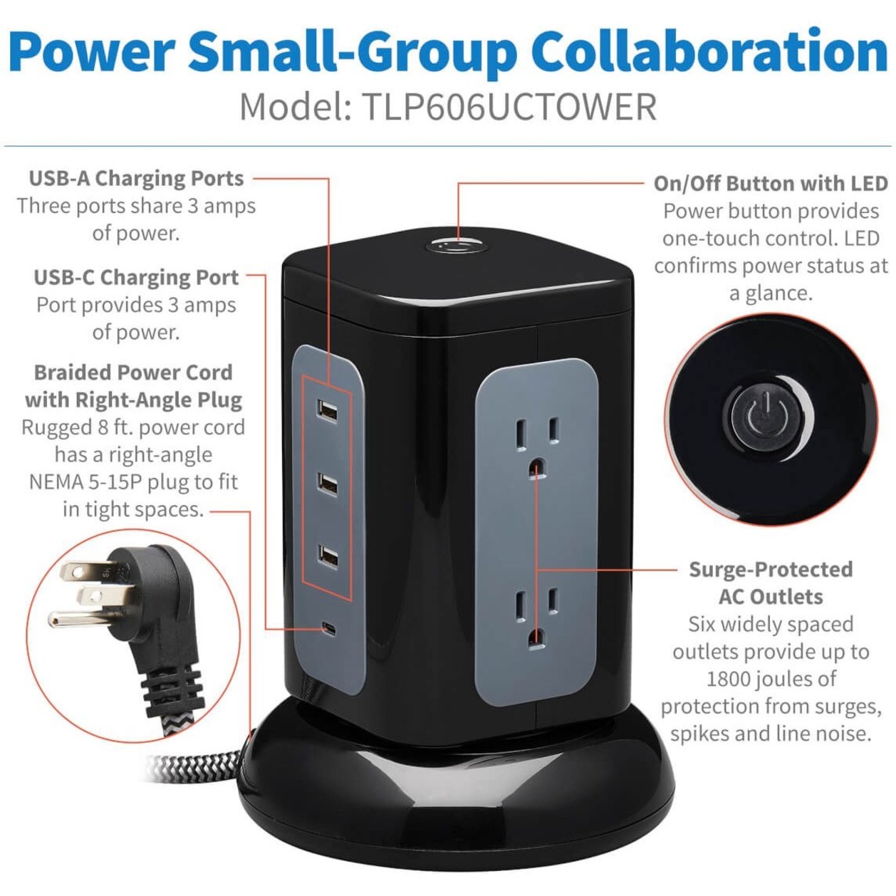 Tripp Lite Surge Protector Tower 6-Outlet 3x USB-A 1x USB C Black TLP606UCTOWER