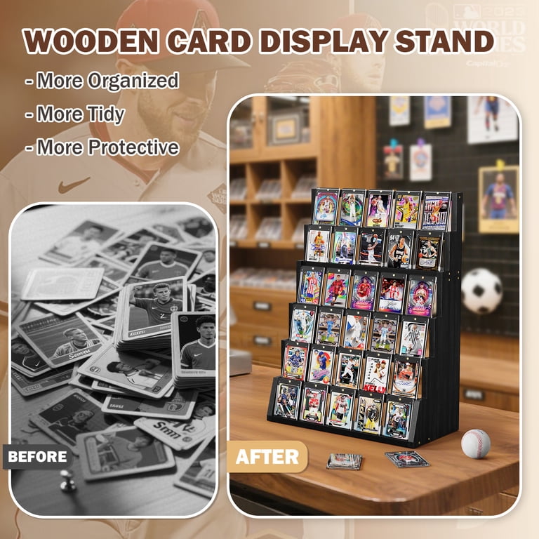 Trading Card Display Stand, 6 Tier Wood Vertical Holder for Baseball Basketball Sports Graded Card Display Stand Tabletop for Trading Card Collection,