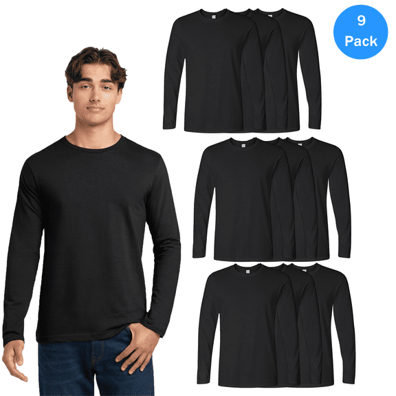 Gildan Softstyle Long Sleeve T-Shirt for Men 9 Pack, 100 Cotton Classic Fit Tee, Black, S