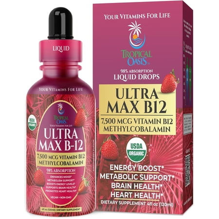 Tropical Oasis Ultra Max B12 Drops, Liquid Vitamin Supplement with Methylcobalamin for Energy Boost, Metabolic Support, Brain & Heart Health, Strawberry, 4 fl oz, 60 Servings