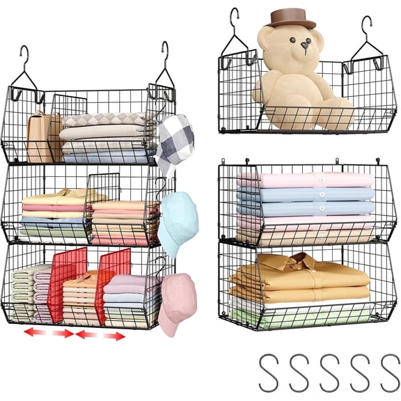 XCOSRACK 3-Tier Metal Hanging Closet Organizer with Dividers, Heavy Duty Wire Wardrobe Storage Baskets, Detachable & Foldable Shelves for Sweaters, Jeans, Purses & Accessories