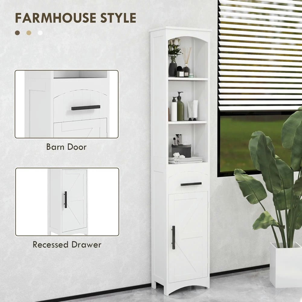GVN Bathroom Storage Cabinet, Bathroom Floor Cabinet, Bathroom Storage Cabinet with Recessed Drawer and Barn Door, White