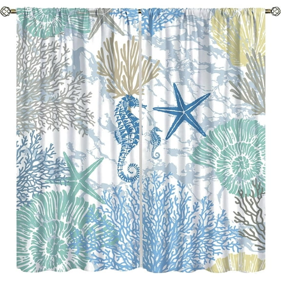 Nautical Coastal Bedroom Curtains,Nautical Beach Starfish Seashell Blue Curtains Summer Ocean Window Treatment Drapes for Living Room 42x63in