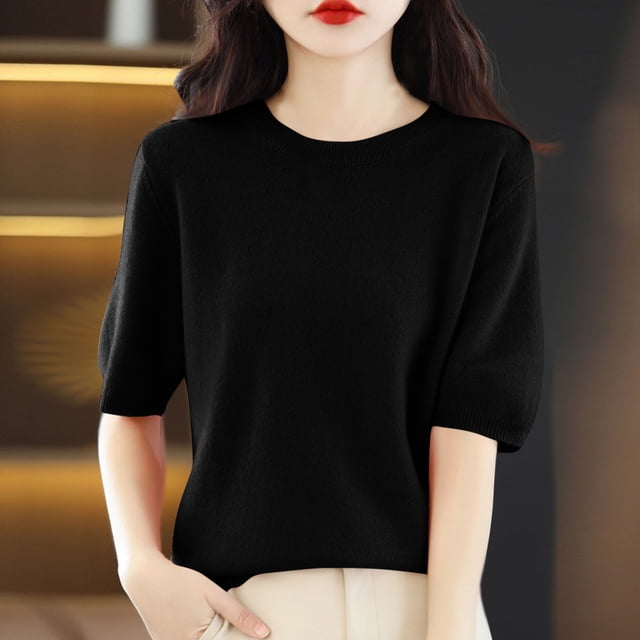 Hot6sl Liquidation d'Économies d'Été Chemisiers et Chemises à Manches Courtes à Col Rond, Veste de Déplacement pour Femme à Col Rond à Manches Courtes de Couleur Unie Sans Capuche, Chemisier pour Femme/noir, G