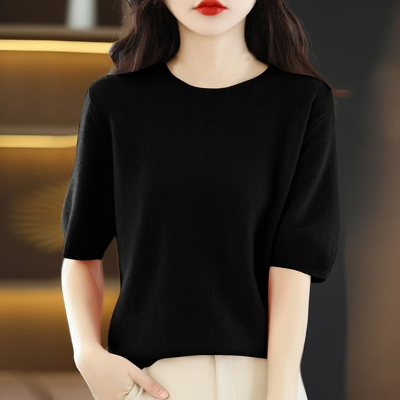 Sevevn Woman Round Neck Short Sleeve Solid Color Base Casual Top/Shirt Black S Clearance Sales Online Deals