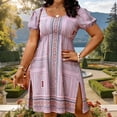 thumbnail image 2 of XUNKUSGA Summer Plus Size Dresses Vintage Print Boho Dress Classic Crewneck Puff Sleeve Beach Dresses for Women Fashion Split Hem Sun Dresses Women,Purple,2XL, 2 of 7