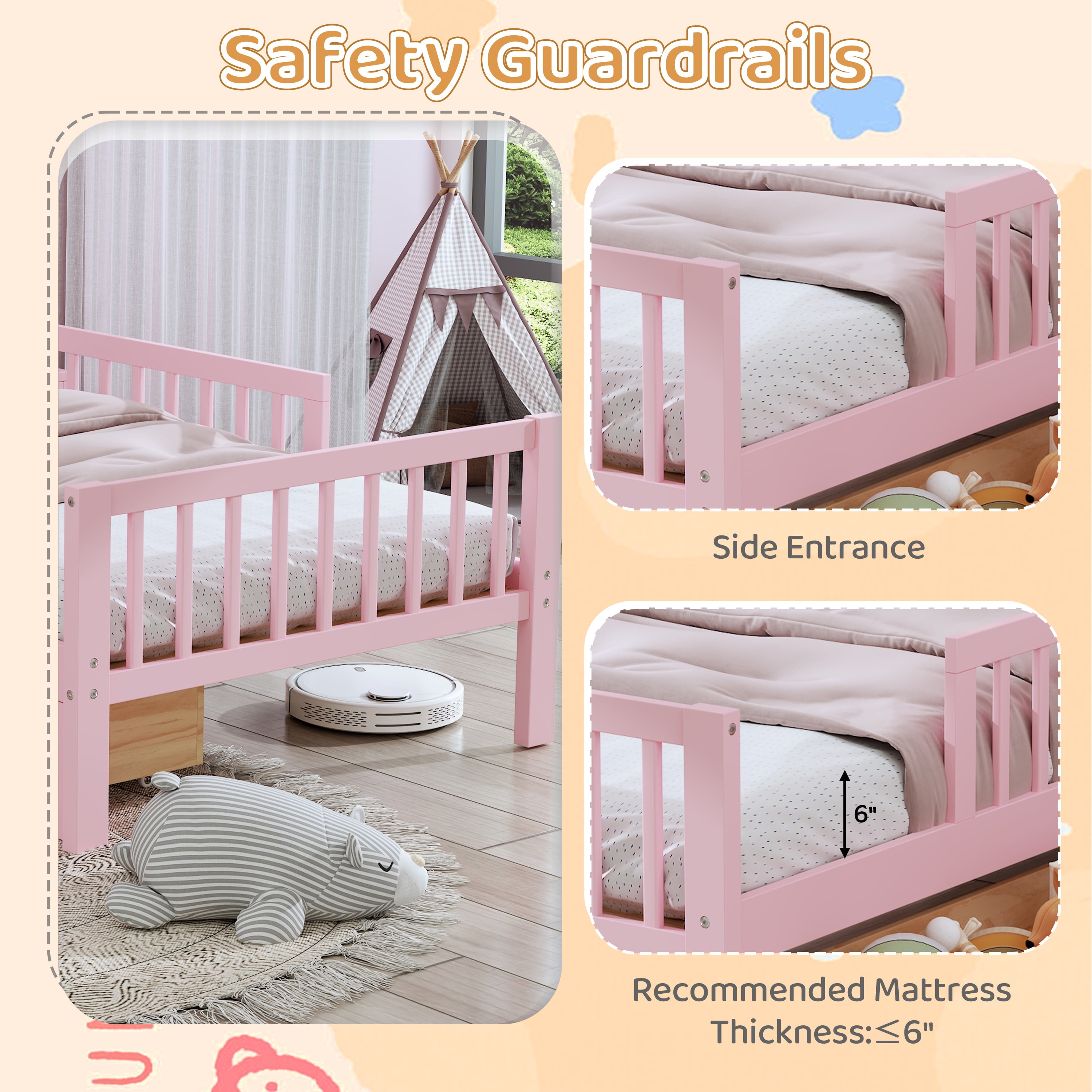 Twin Bed Frame for Kids, SHINPT Twin Size Bed Frame with Headboard Storage Rack, Storage Bed Frame with Two Under-Bed Drawers, Bed for Kids with three-Side Guardrails, White, Pink, Gray, Walnut