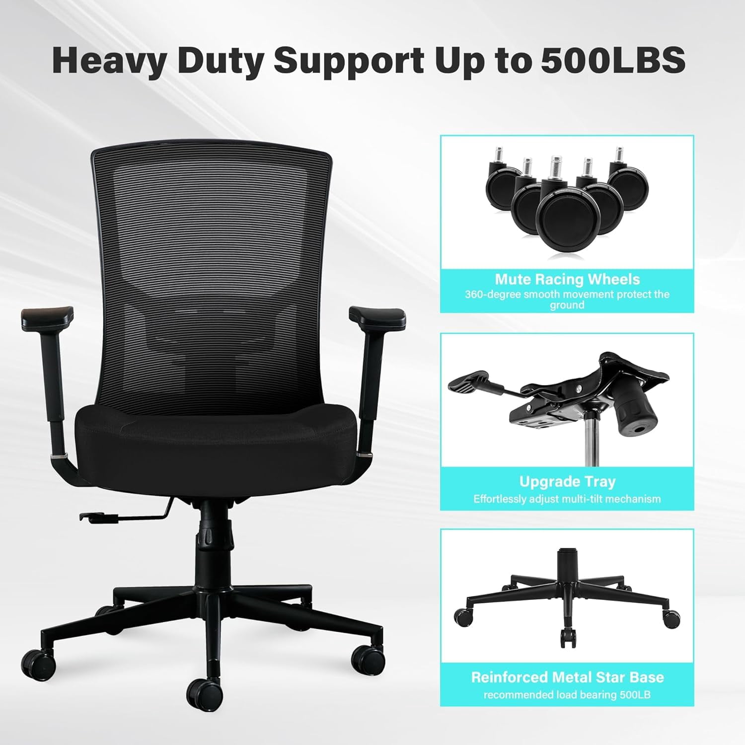 JONPONY Big and Tall Office Chair 500lbs, Ergonomic High Back Computer Desk Chair for with Adjustable Waist Support and Heavy Duty Metal Base Mesh Chair,Black
