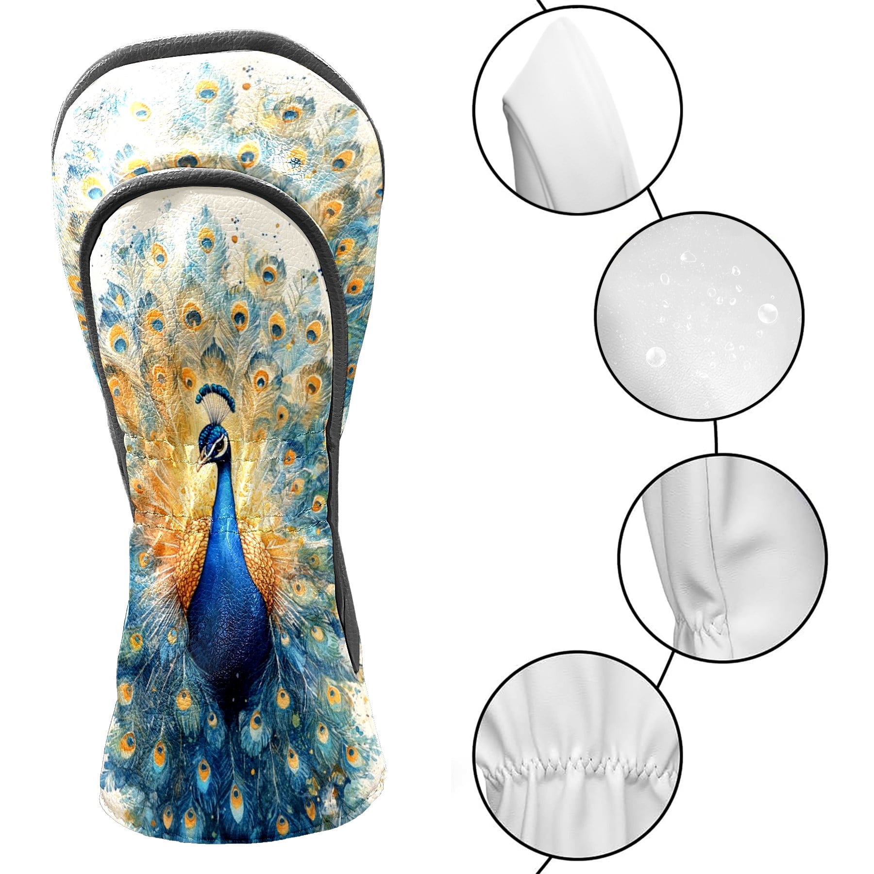 Golf Club Covers PU Leather Waterproof Head Covers for Fairway Woods Hybrids Blue Peacock Pattern Unisex Fits Most Brands
