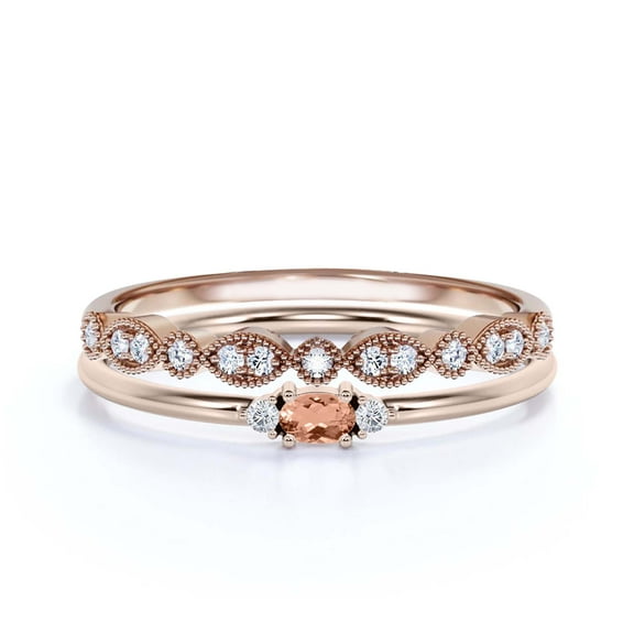 Minimalist 1.15 Carat Slim Oval Cut Morganite And Diamond Moissanite Fairy Engagement Ring, Dainty Wedding Ring in 10k Solid Rose Gold, Affordable Gift, Promise Ring, Bridal Set, Matching Band