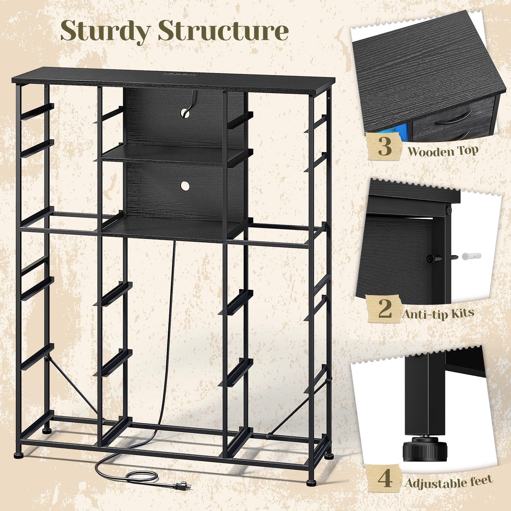 Romorgniz 51" H Dresser with 15 Fabric Drawers Tall Dresser for Bedroom with Charging Station & LED Lights, Black