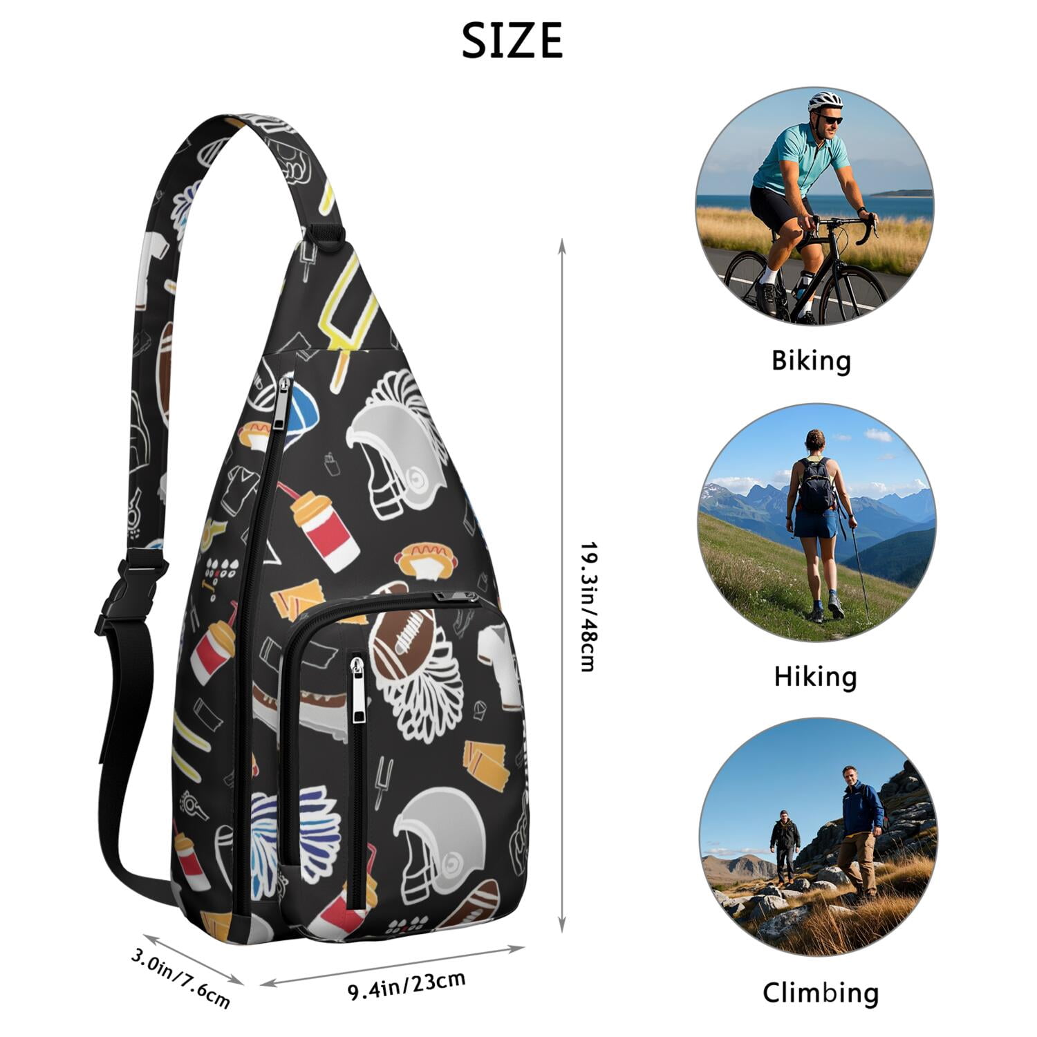 Sports Sling Backpack - Baseball, Football, Soccer, Basketball Print – Lightweight Crossbody Bag for Hiking, Gym, Travel – Athletic Gift for Sports Lovers