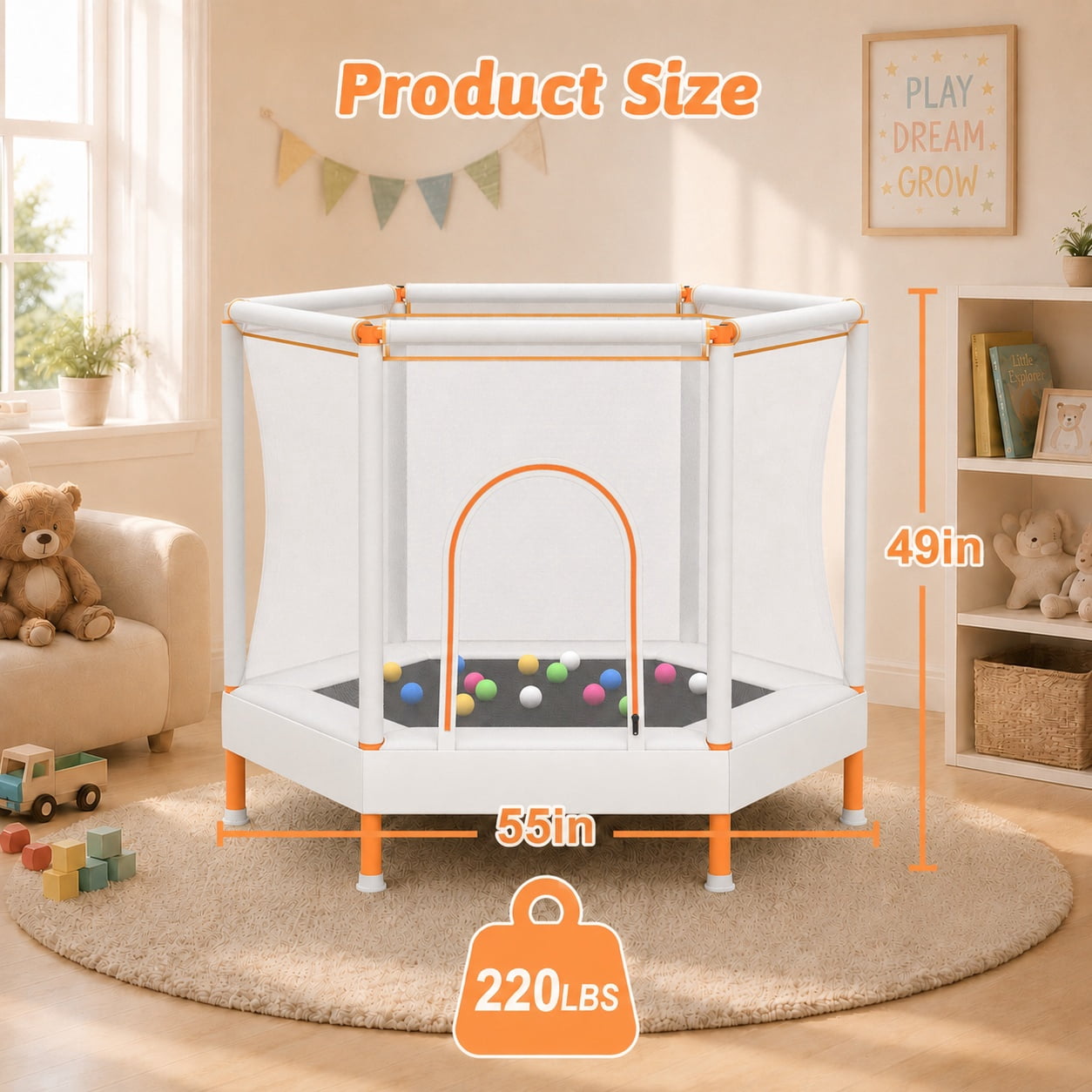 55" Toddler Trampoline with Enclosure Net & Ocean Balls, SHINPT Kids Trampoline for Toddlers Ages 3+, Indoor Trampoline with No Gap Design, Small Trampoline for Kids Room, Living Room, Ideal Gift