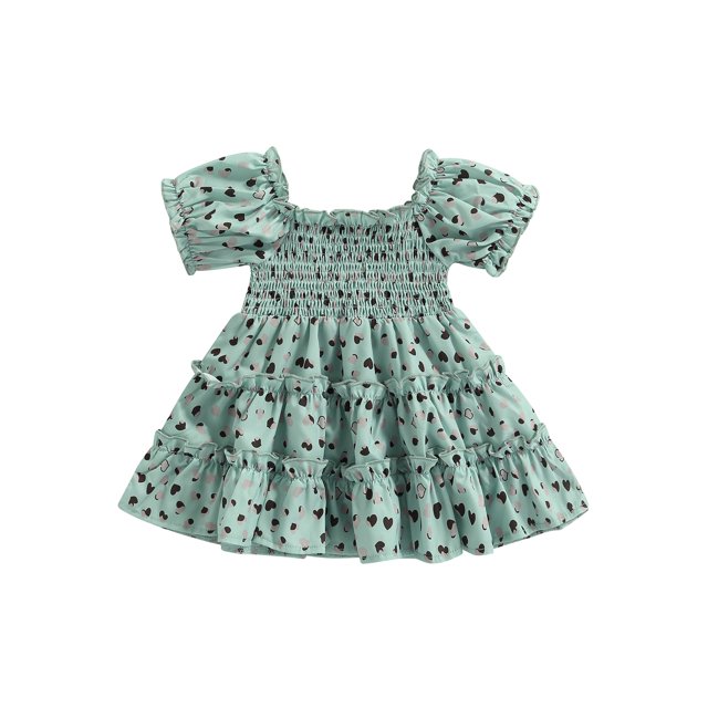 TheFound Robe d'Été pour Bébé Fille, Robe à Manches Courtes Verte Imprimée à Volants Col Carré Froncée