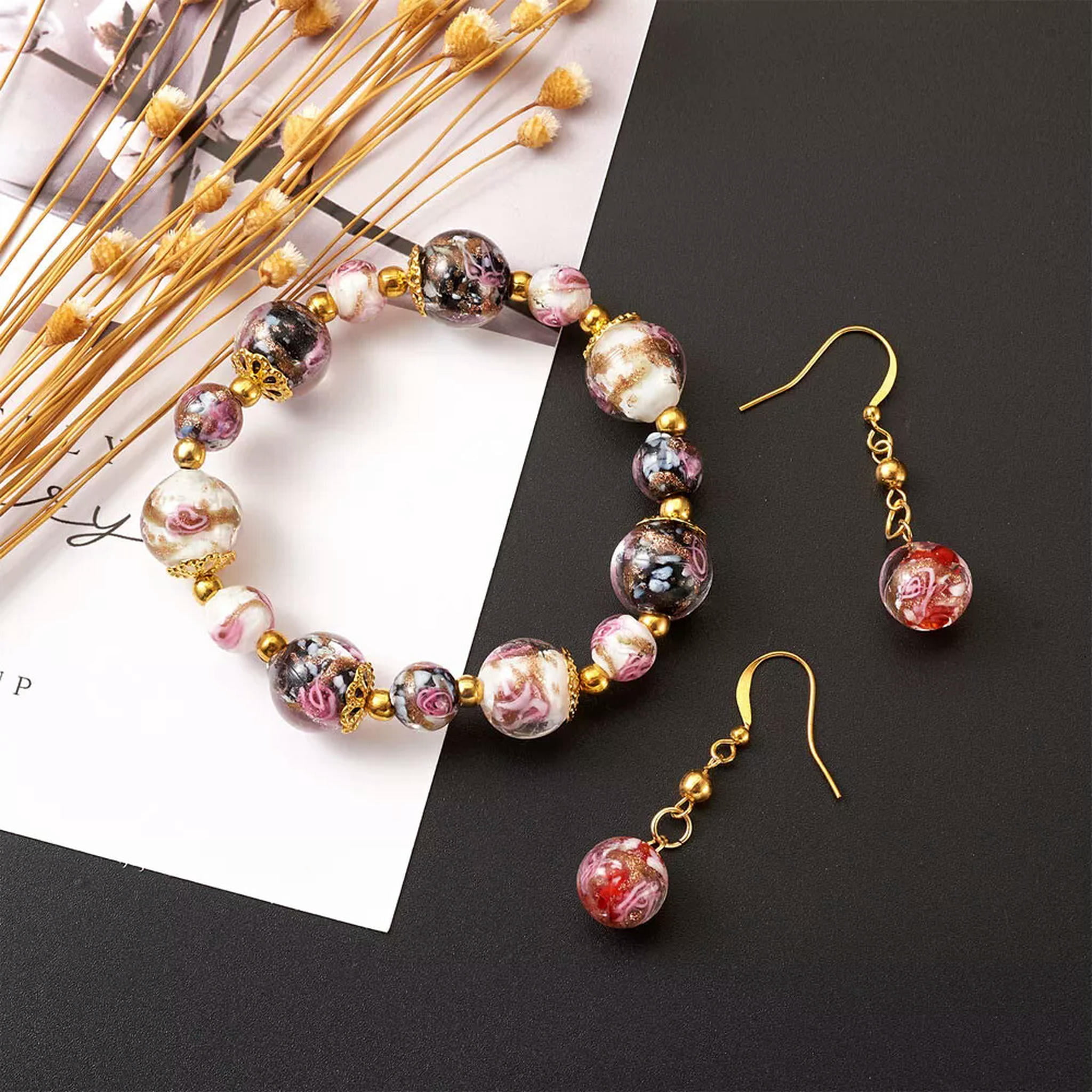 EOEMY 70Pcs Round Handmade Gold Sand Lampwork Beads Inner Flower Loose Spacer 8~12.5mm