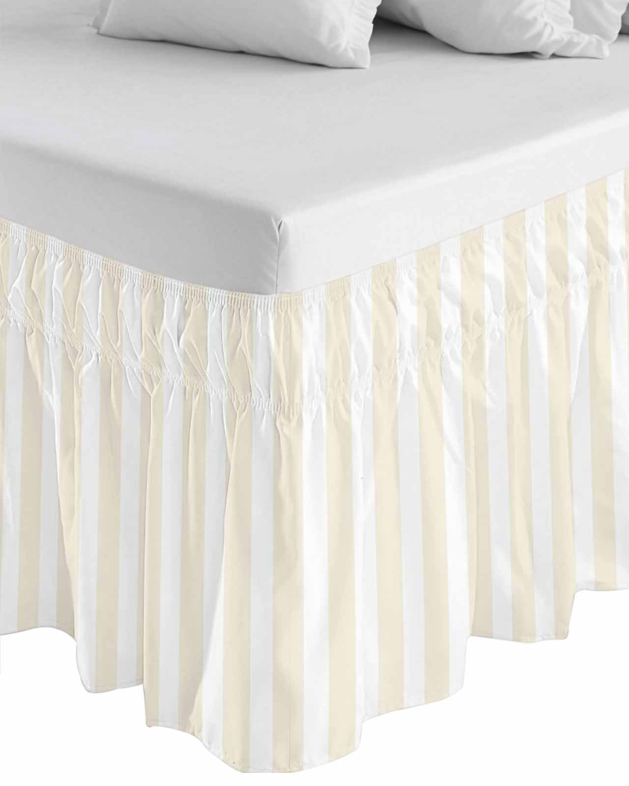 Cream Striped Bed Skirt Queen Size, Modern Farmhouse Cream White Stripes Wrap Around Bed Skirting with Adjustable Elastic Strap, Dust Ruffle Pleated Bedskirts 18 Inch Drop for Bedroom Queen Beds