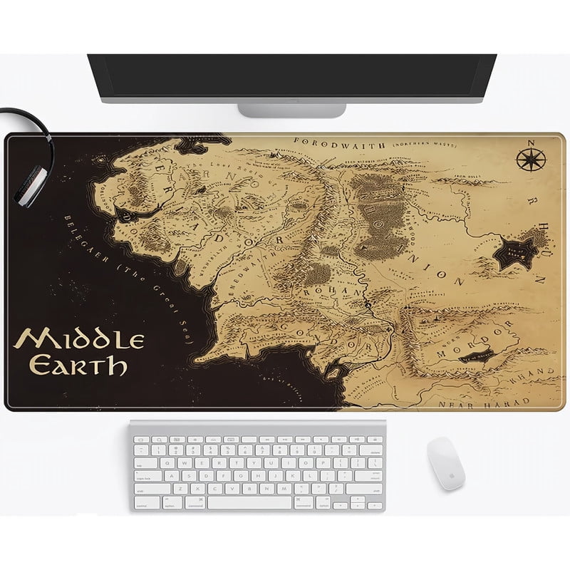 1pc Middle Earth Map Large Gaming Mouse Pad - Deskpad Mat with Stitched Edges, 31.5x11.8 inch,Non-Slip Waterproof Rubber Base Mouse Pad