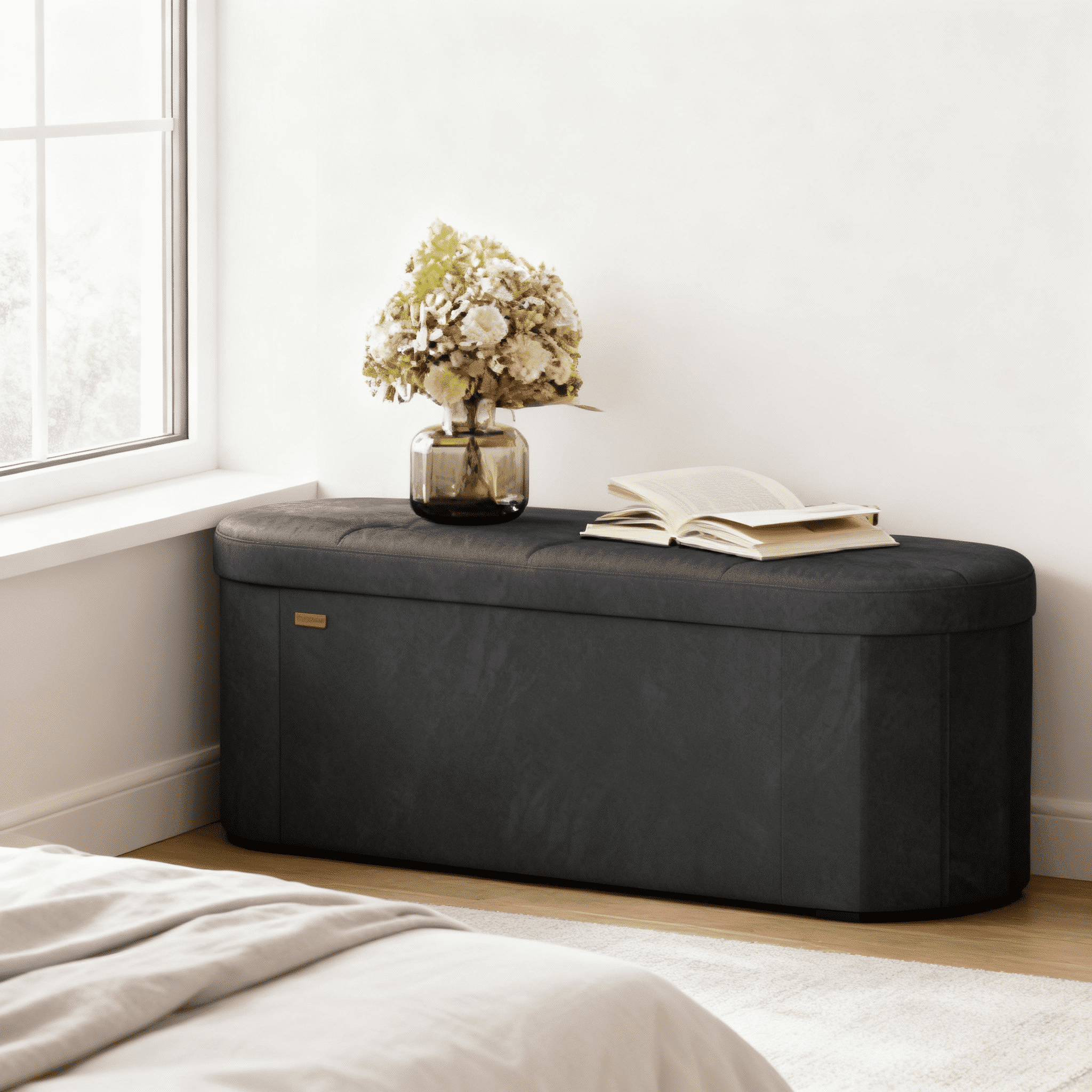 LEDREM 43" Foldable Storage Ottoman Bench, Velvet Fabric Ottoman with 2 Internal Dividers, Footrest for Bedroom Living Room, Ink Black