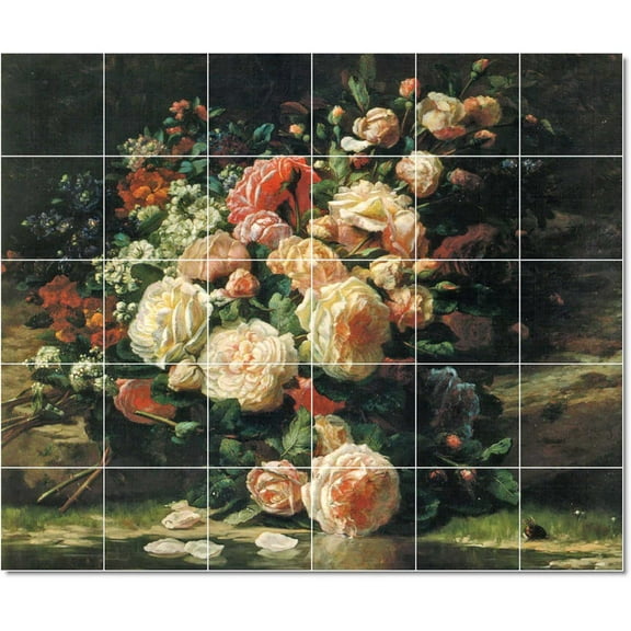Ceramic Tile Mural-Jean Baptiste Robie Flowers Tile Mural Interior Renovation Idea. 17" w x 21.25" h using (20) 4.25 x 4.25 ceramic tiles