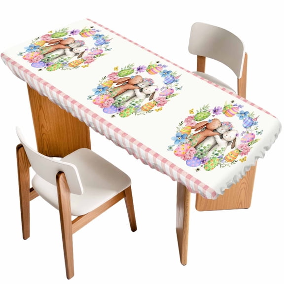 Easter Bunny Table Cloths for 8 Foot Rectangle Tables, Colorful Eggs Cute Rabbits Flowers Pink Plaid Patio Waterproof Elastic Fitted Tablecloths, Washable Rectangular Table Cover for Camping