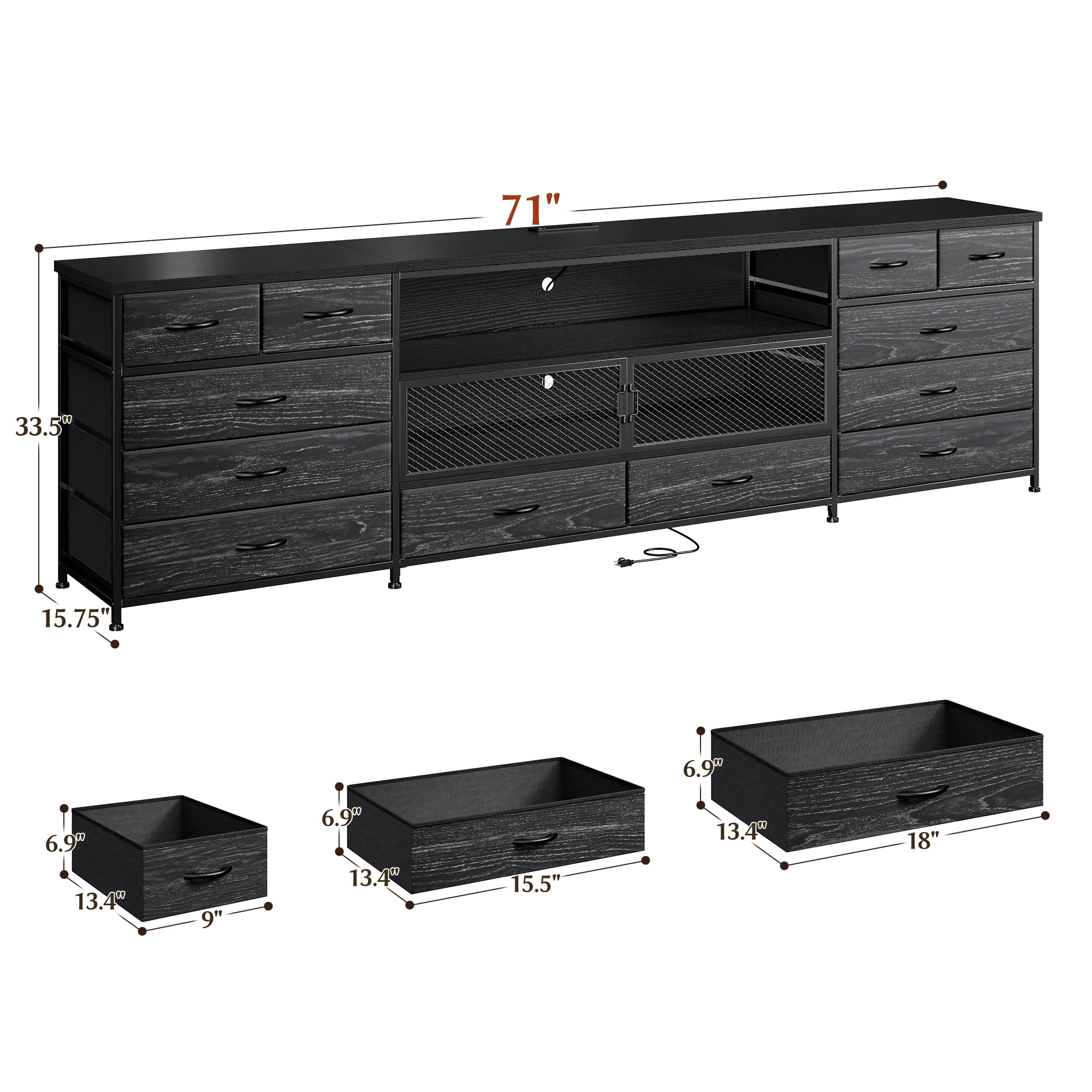 EnHomee TV Stands for Living Room Bedroom Dresser with Charge Station Entertainment Center for TVs 75 inch to 85 inch Black TV Stand with Fabric Drawers & LED