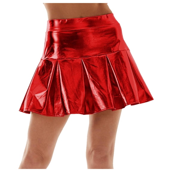 vigerkar Women's Shiny Flared Pleated Y2k Outfit Mini Glitter Skater Skirt (Red, L)