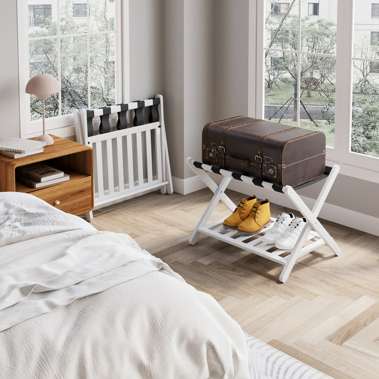 Smuxee Bamboo Luggage Rack Folding Suitcase Stand Shelf Guest Room Hotel White
