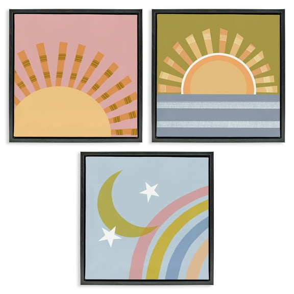 Stupell Industries Rising Sun & Moon Landscape & Nature Painting Black Floater Framed Canvas Art Print Wall Art, 18 x 18, Set of 3