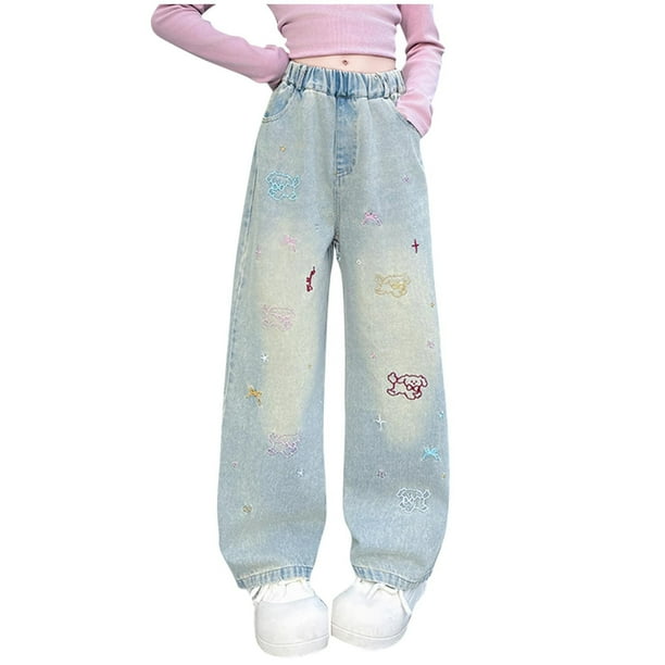 Odeerbi 5-15 Años Niñas Jeans de Pierna Ancha Pantalones de Vaquero Bordados Lindos Pantalones de Vaquero Sueltos Ropa Exterior Casual Pantalones de Pierna Recta
