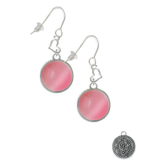 Silvertone Round - Imitation Cat's Eye - Pink - Heart French Earrings