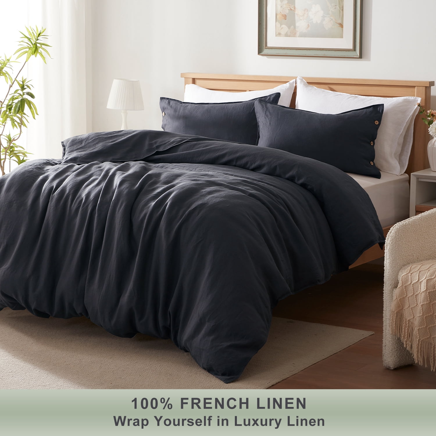 TOSMO 100% Linen Duvet Cover Set with Button Closure, 2 Pieces (1 Duvet Cover with 1 Pillowcases), Soft Breathable Durable Farmhouse Bedding