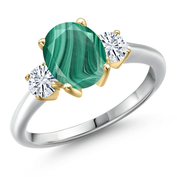 Gem Stone King 10K Two Tone Gold Green Malachite and White Moissanite Engagement Ring for Women | 2.96 Cttw | Oval 9X7MM | Gemstone Birthstone | Size 5