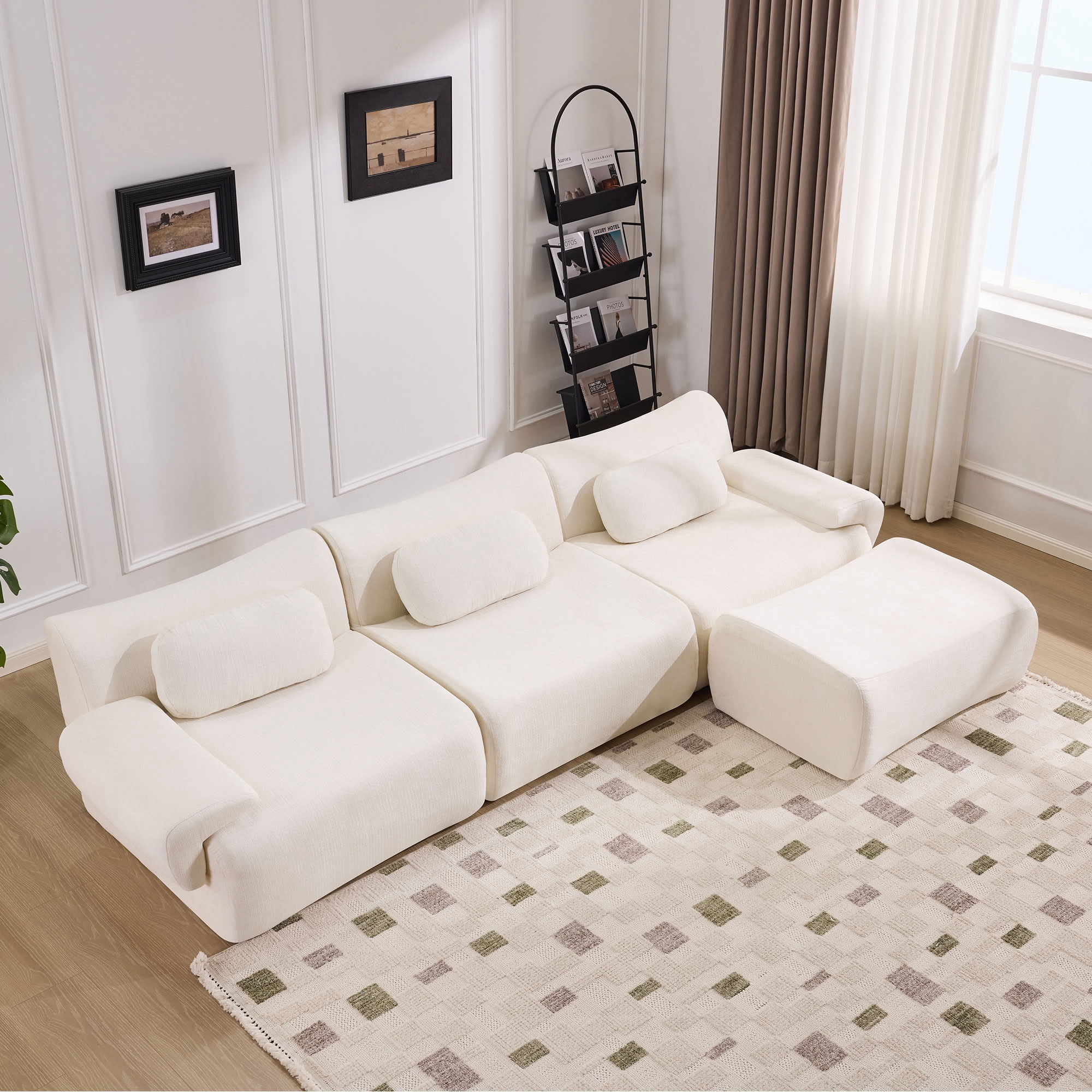 MAYEERTY 3+1 Seat Modular L-Shaped Sectional Sofa with Ottoman, Chenille Upholstered Deep Seat Couch with 3 Throw Pillows, No Assembly for Living Room Bedroom Apartment Small Spaces
