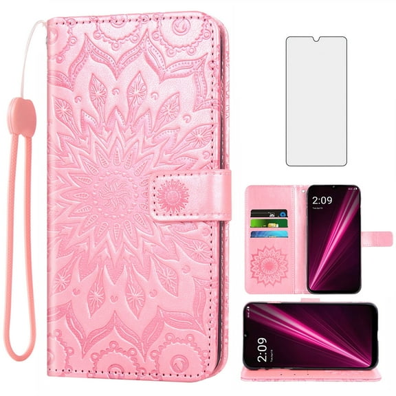 Compatible with T-Mobile Revvl 6/6X 5G Wallet Phone Case and Tempered Glass Screen Protector Flip Credit Card Holder Stand Mandala Flower Cell Cover for Revvl6 X 5G Revel Tmo Revell Rebel TCL Pink
