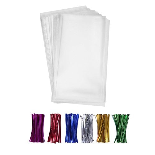 200 Clear Plastic Cello Bags 4x9 with 4" Twist Ties 6 Mix Colors 1.4