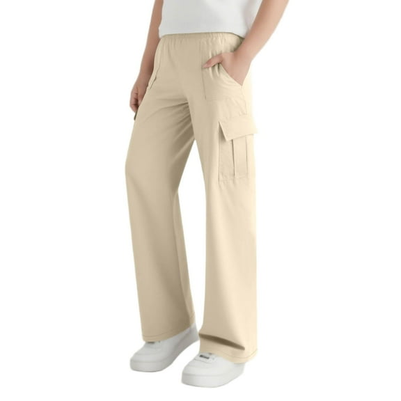 dazeni Girls Cargo Pants Kids Straight Leg Elastic Wasietd Lounge Pants Lightweight Comfy School Uniform Trousers