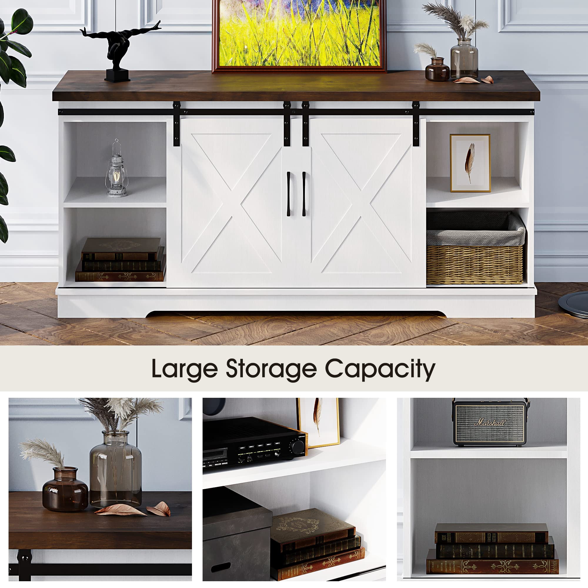 DSstyles Farmhouse Sliding Barn Door TV Stand for 65 inch TV, White Entertainment Center, 58 inch TV Console Table, Home Living Room Wood TV Stand with Movable Shelf