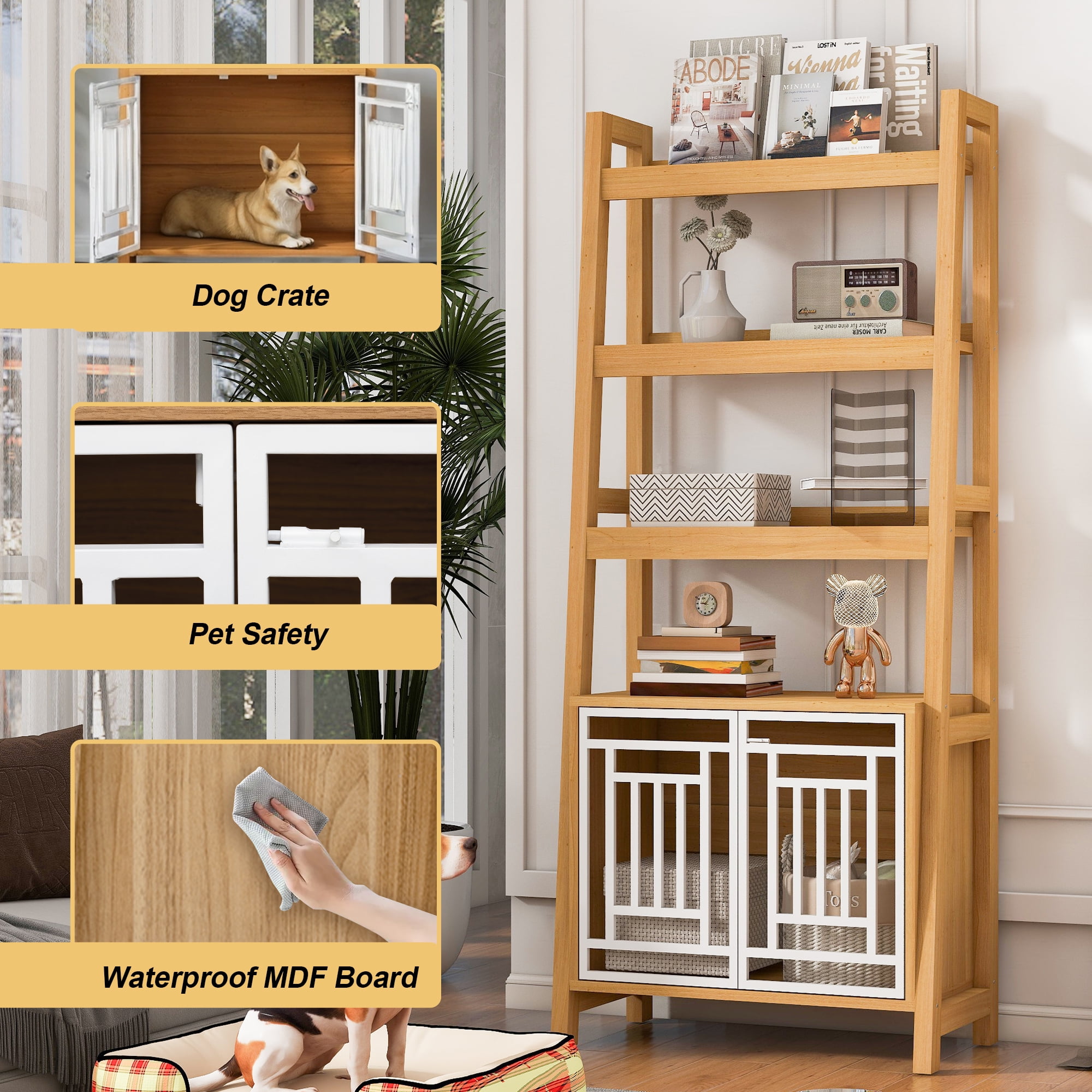 Jopath Modern 2 IN 1 Dog Furniture Dog Crate Ladder Bookshelf, Tall Wood Display Shelf with Storage, Dog Kennel Bookcase for Small-sized Dogs up to 50lbs, 32.5"L