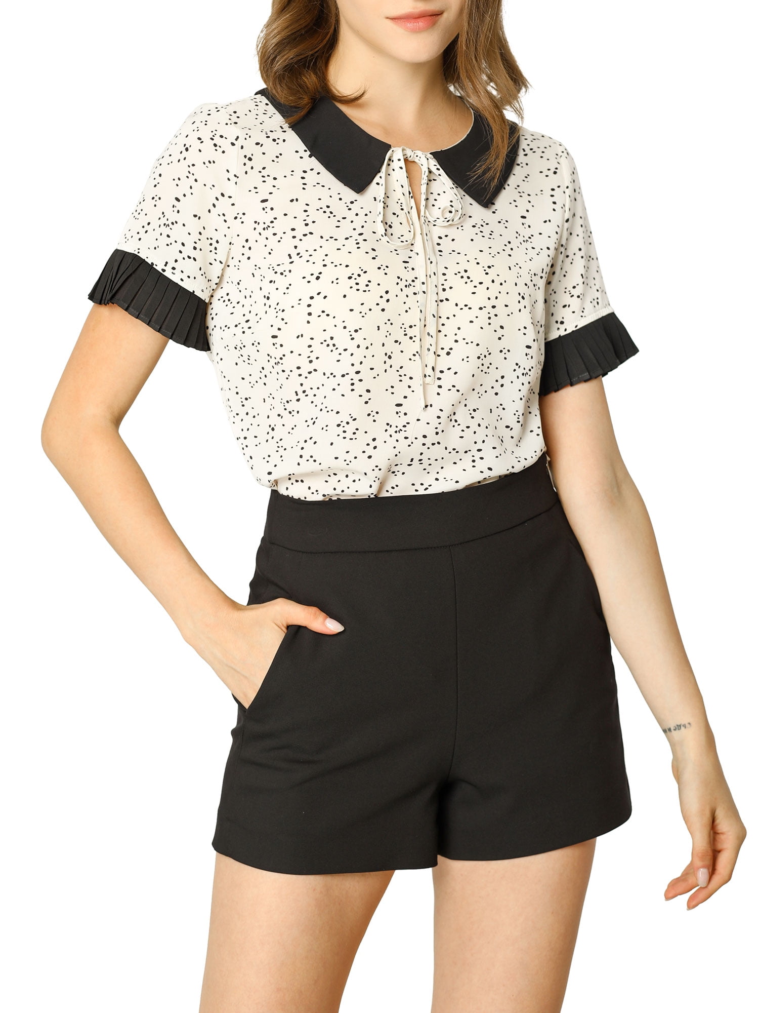 Unique Bargains Women's Polka Dots Contrast Doll Collar Short Sleeves Top S Beige