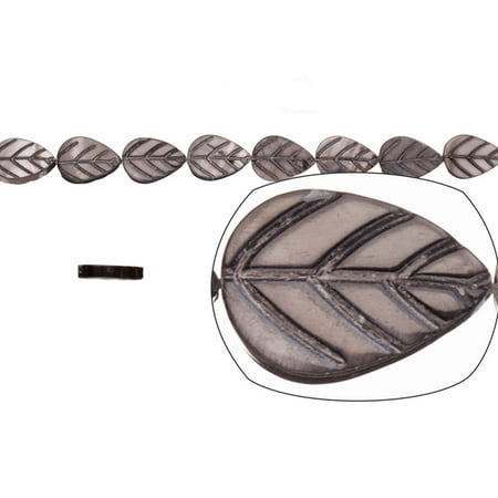 Carved Mother Of Pearl Shell Shell Bead, Gun Black(Dyed) Mother-Of-Pearl, Teardrop Carved Leaf, 15x10mm 16 Inch ()