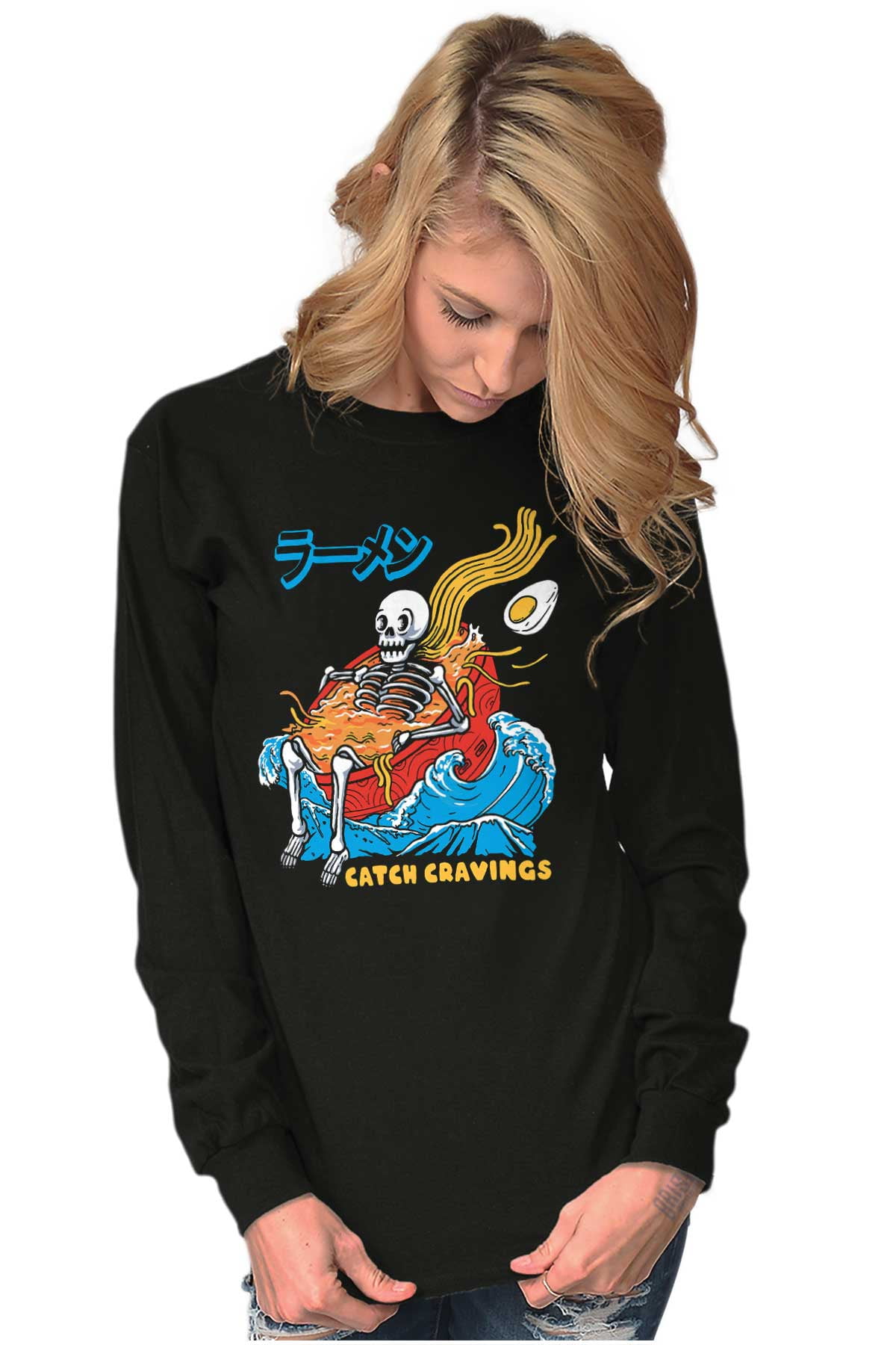 Skeleton Ramen Surf Catch Cravings Long Sleeve TShirt Men Women Brisco Brands S