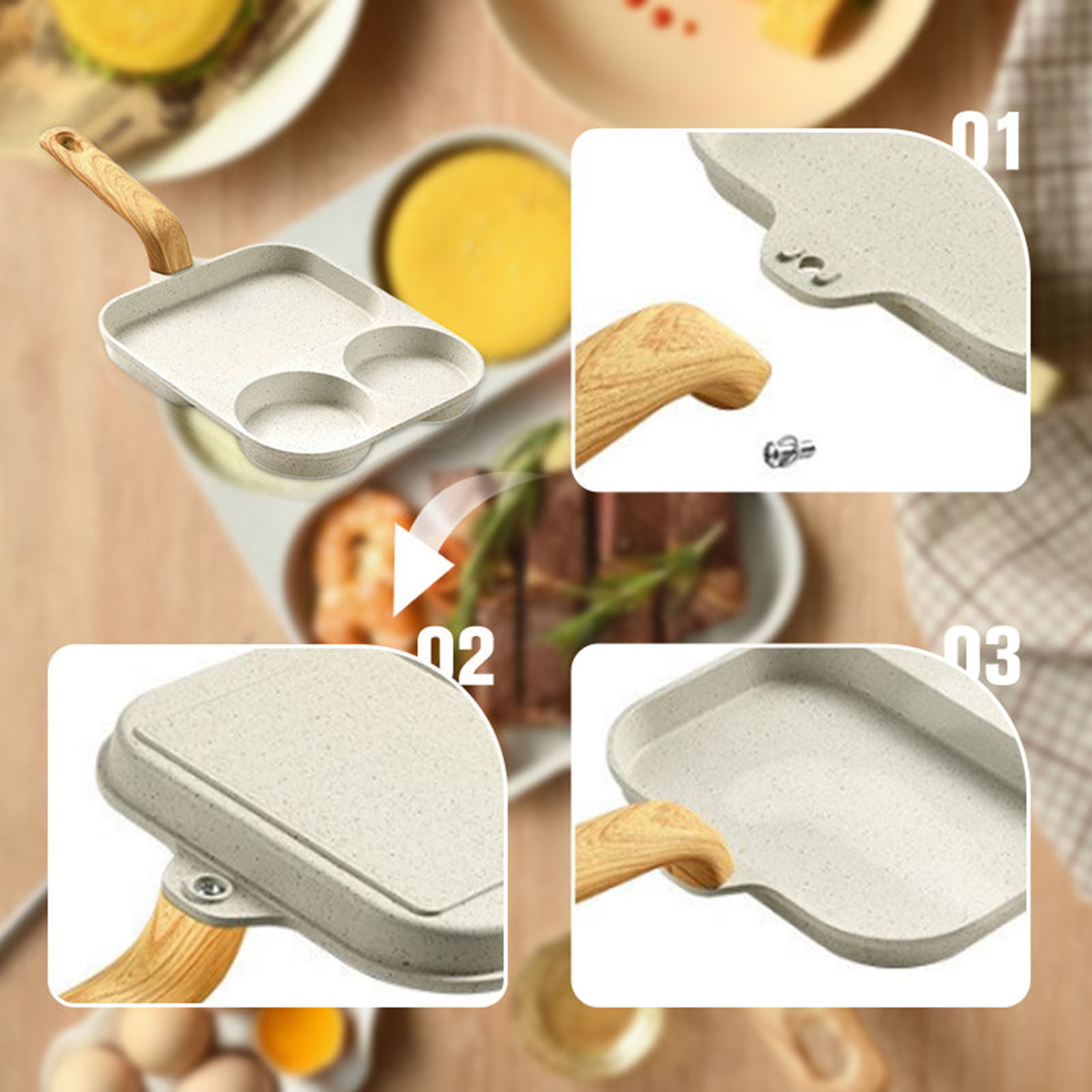 3 in 1 Non Stick Divided Frying Pan with Multiple Cooking Sections for Eggs, Pancakes and Grilling, an Easy Clean Breakfast Skillet Suitable for Household Kitchens Using Gas Stove or, HAODEJW