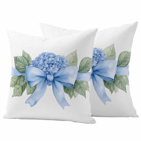 Hydrangea Spring Outdoor Waterproof Pillow Covers, Idyllic Flower Floral Bow Plant Leaf Decorative Square Throw Pillowcase Sofa Cushion Sham for Patio/Couch/Chair, 20"x20" 2 Pack